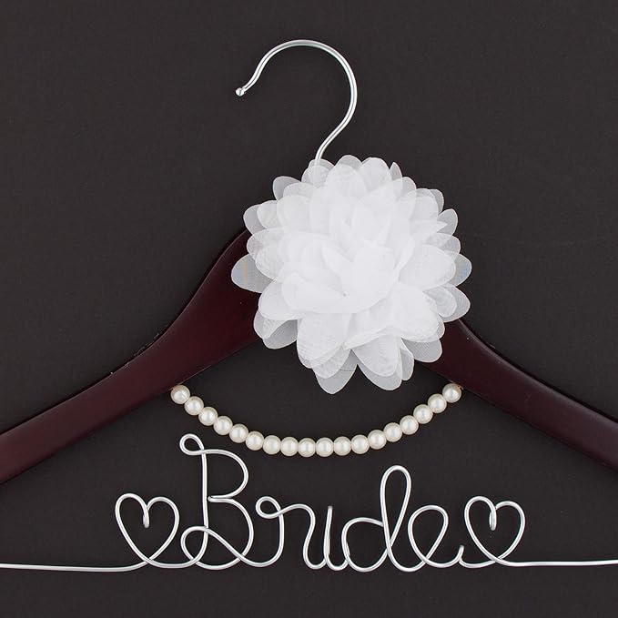Ella Celebration Bride to Be Wedding Dress Hanger Wooden and Wire, Accented with Pearls and A Flower Bridal Hangers for Brides (Mahogany with Silver Wire and Pearls)