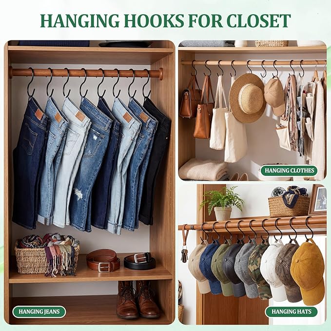 48 Pack 3.5 Inch Small S Hooks for Hanging Plants, Mini Black Metal Hangers for Kitchen Cups Mugs Utensils Jewelry DIY Crafts Vinyl Coated Non-Slip Utility Hooks