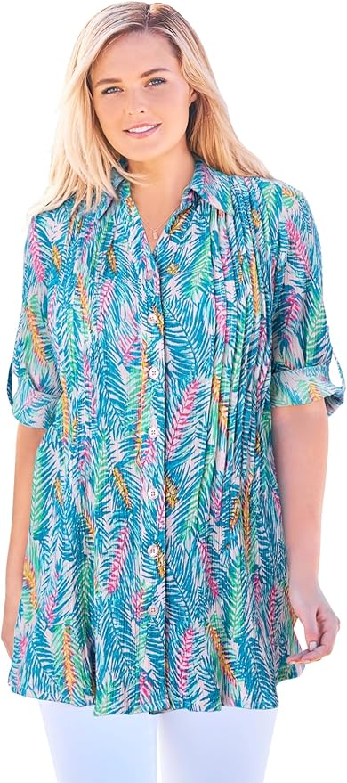 Woman Within Plus Size Pintucked Button Down Gauze Shirt