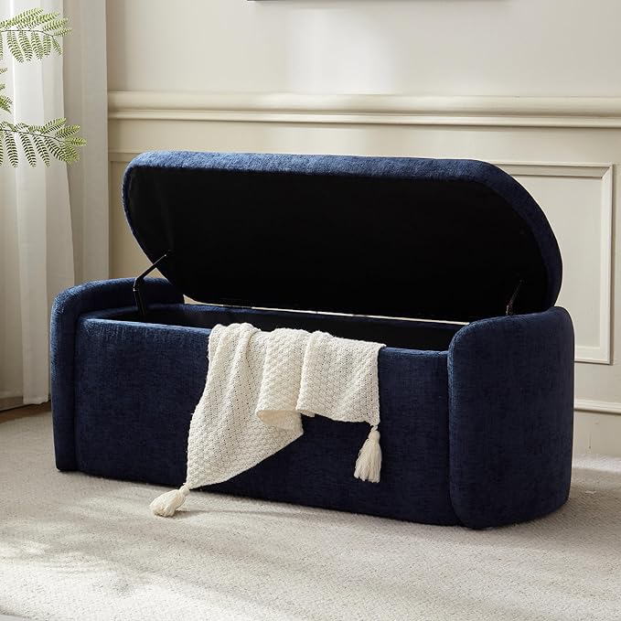 VKNOW Oval Storage Ottoman Bench, 46" Upholstered End of Bed Bench Ottomans Bench Foot Rest, Sherpa Storage Bench for Bedroom, Living Room and Hallway, Navy