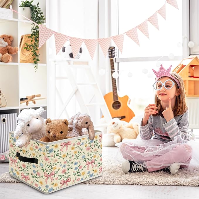 Coquette Pink Bow Floral Storage Bin Box with Handles, Rustic Colorful Flower Botanical Foldable Organizer Basket Toybox for Girls Room Dorm Bedroom Bathroom Clothes Toys Books