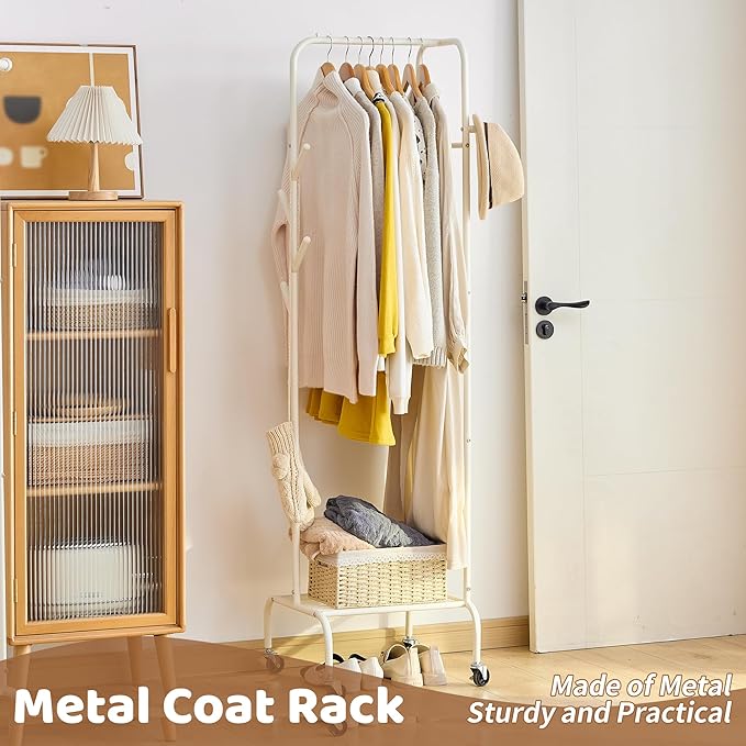 FILWH Rolling Coat Rack with Storage Shelf Freestanding Coat Rack Hall Tree with 6 Hooks for Entryway, Bedroom Metal Clothes Hanger Stand for Hats, Jackets, Bags,Shoes (White, Single-layer)