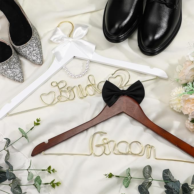 2 Pcs Bride Hanger for Wedding Dress Bride and Groom Wooden Wedding Dress Hanger Set with Bow Tie for Tuxedo Suit Gift Bridal Party Shower