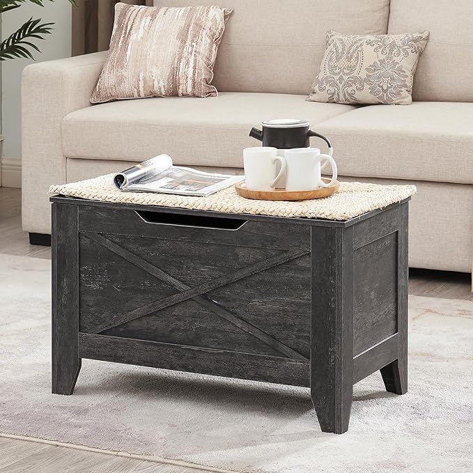 VECELO 30" Storage Bench, Shoe Bench with Handwoven Wicker Cushion, Ottoman Storage Trunk with Safety Hinges, Ideal for Entryway, Bedroom, Living Room, Gray