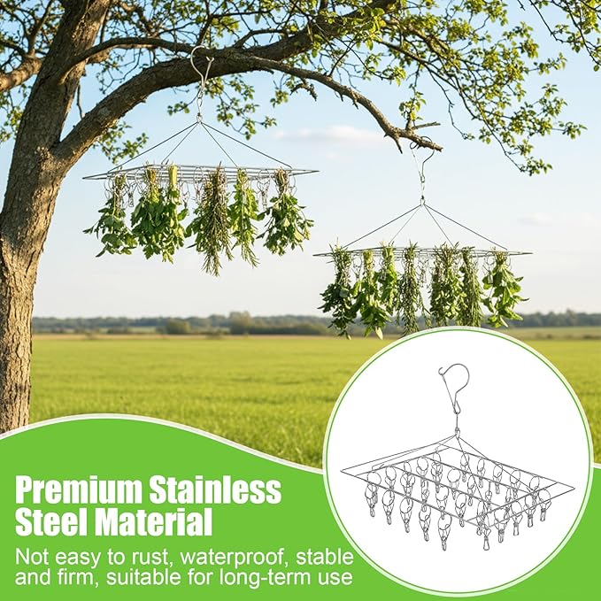 6 Pcs Stainless Steel Clothing Drying Rack, Hanging Drying Rack with Clips, Foldable Swivel Dryer Windproof Hook for Plants Flowers Towel Lingerie Sock Laundry