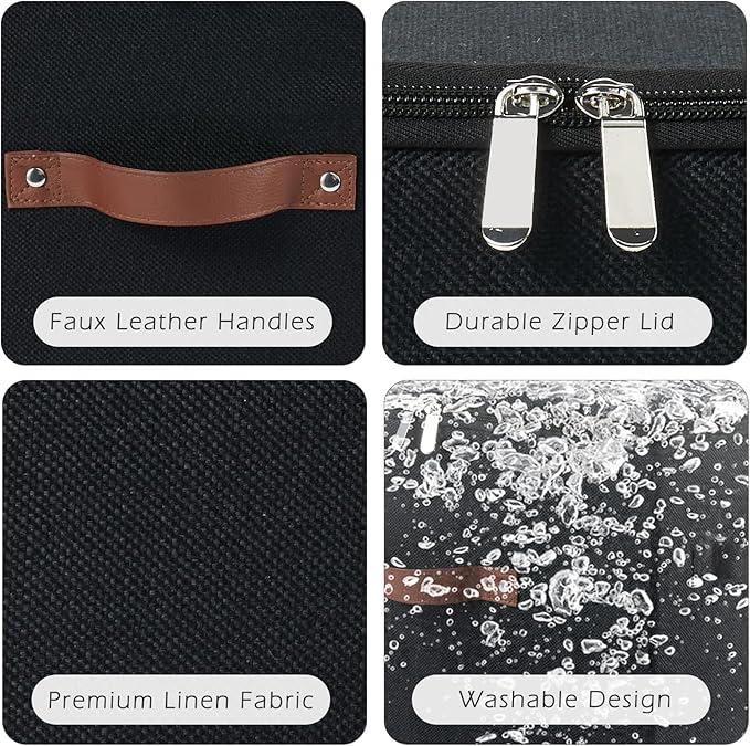 2 Pack Storage Bins with Zipper Lid Cotton Linen Fabric Lidded Storage Baskets Boxes Foldable Washable Closet Shelf Clothes Organizer Container with PU Leather Handles (Black, Jumbo Size)