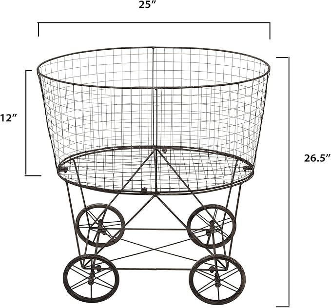 Creative Co-op Vintage Metal Laundry Basket with Wheels 25" x 15" x 26 3/4" (W x D x H)