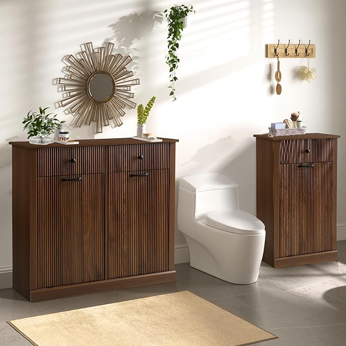 Grepatio Tilt Out Laundry Hamper, Fluted Laundry Hamper Cabinet, 11 Gallon Hidden Trash Can, Wooden Garbage Can Cabinet with Drawer, Free Standing for Bathroom, Kitchen (Brown, Single)