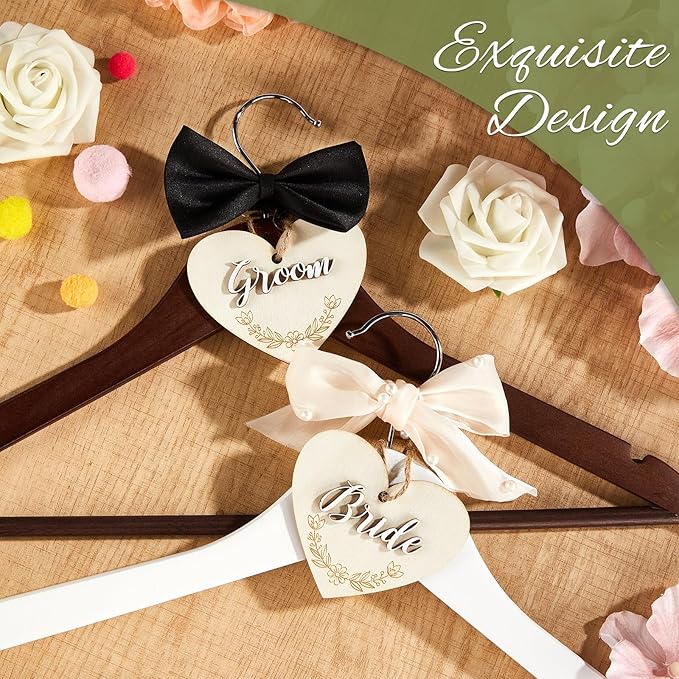 party greeting 2 Pack Wedding Hanger Bride and Groom Hangers with Tags Elegant Wooden Wedding Dress Hanger Wedding Day Gift Bow Tie Bridesmaid Hangers for Bridal Party & Shower (White and Brown)