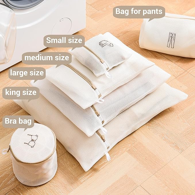 6PCS Logo Category Double Thickened Fine Mesh Laundry Bag Set with Zipper (Hosiery + Shirt + Dress + Jacket + Pants + Bra Bag)