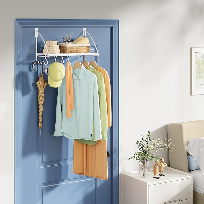 Tajsoon Over The Door Hanger with Storage Rack and 6 Hooks, Over The Door Clothes Rack for Hanging Coat, Over Door Clothes Hanger for Bathroom, Bedroom, Living Room, White