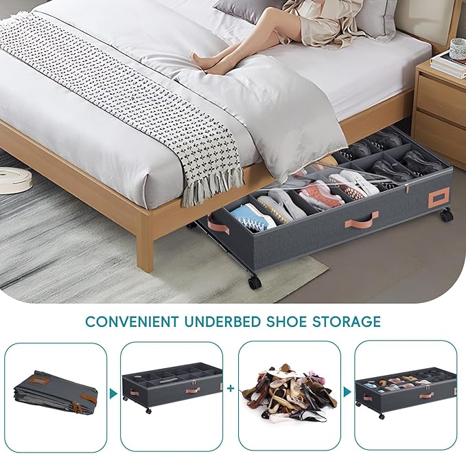 Under Bed Shoe Storage with Wheels, Set of 2, Fit 12 Pairs, Dorm Room Essentials, Shoe Organizer Under Bed Solution with Clear Window, Breathable, Shoe Organizer for Closet