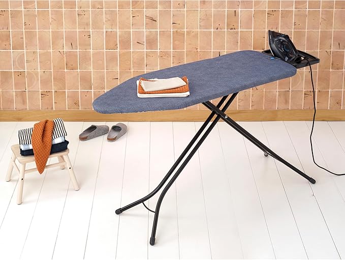 Brabantia Size C Ironing Board (49x18 in) 7 Height Options, Solid Steam Iron Rest Holder (Denim Blue) Non-Slip Feet, Anti-Collapse Child Locks