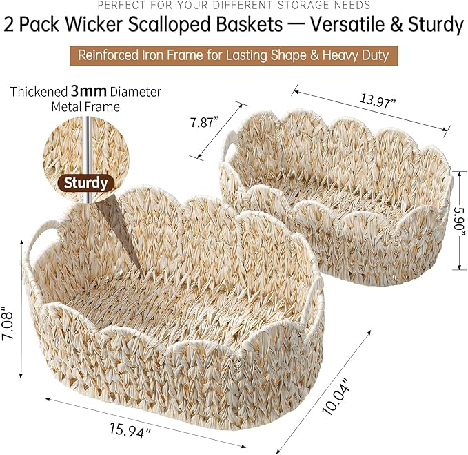 Wicker Scalloped Basket Set of 2,Woven Storage Baskets for Shelves,Closet,Laundry,Gifts,Towels,Books,Toys,Waterproof Boho Decor Basket for Organizing