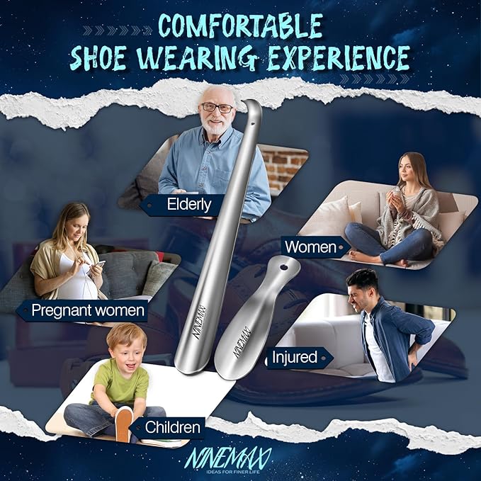NINEMAX Shoe Horn Long Handle for Seniors Men Women, Metal Long Shoehorn Boot Horn 16.5'', Small Travel Stainless Steel Shoe Spoon Helper for Kids 7.5''
