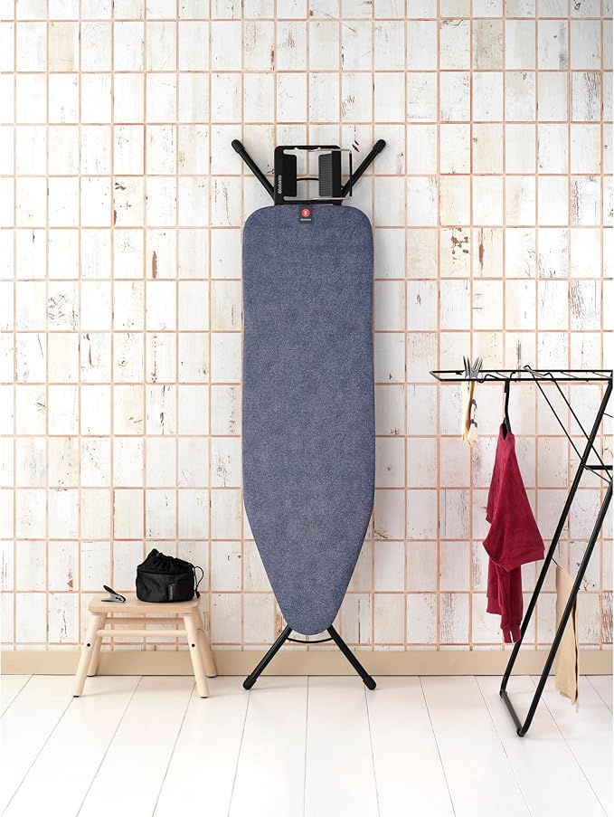 Brabantia Size B Ironing Board (49x15 in) 7 Height Options, Adjustable Steam Iron Rest Holder (Denim Blue) Non-Slip Feet, Anti-Collapse Child Locks