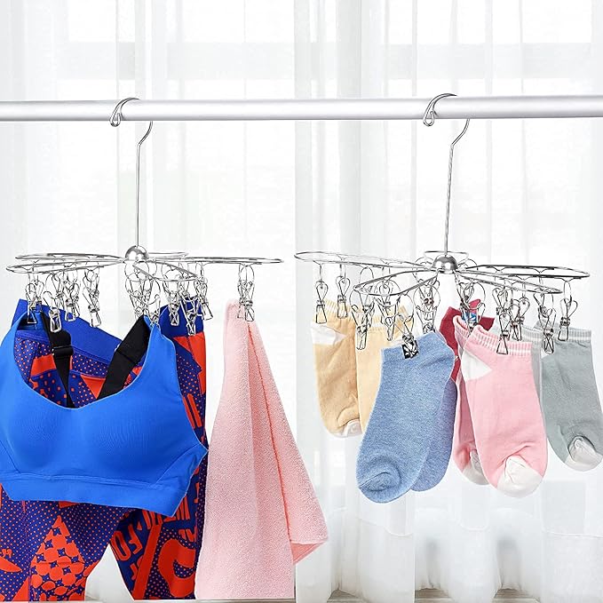 Foldable Clothes Drying Hanger Stainless Steel Laundry Drying Rack with 20 Clips, Sock Dryer Hanger for Hanging Underwear, Towels, Baby Clothes, Lingerie, Bra, Hat, Scarf, Gloves, Diapers