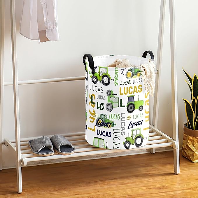 Truck Custom Name Laundry Hamper, Personalized Dirty Clothes Hamper Storage Basket with Name for Bathroom Bedrooms, Customized Name Circular Hamper with Handles for Baby Boys Girls Men Women