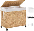 3-Section Laundry Hamper with Lid, Large Capacity Woven Natural Water Hyacinth Laundry Sorter with Removable Liners, Rolling or Non-Slip Design for Bedroom (Natural, 155L)