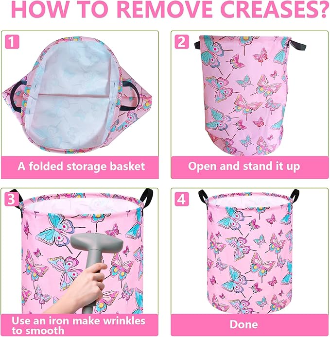 Round Pink Butterfly Laundry Basket Storage Bins Nursery Hamper Gift Baskets for Home,Office,Home Decor