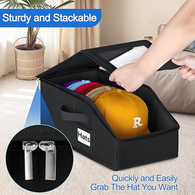 Dofilachy 2 Pack Stackable Hat Storage for Baseball Caps, Holds 28 Caps - Closet Organizer Box with Clear Window & Cardboard，Sturdy Snapback Hat Boxes for Home Storage (dark, 2)