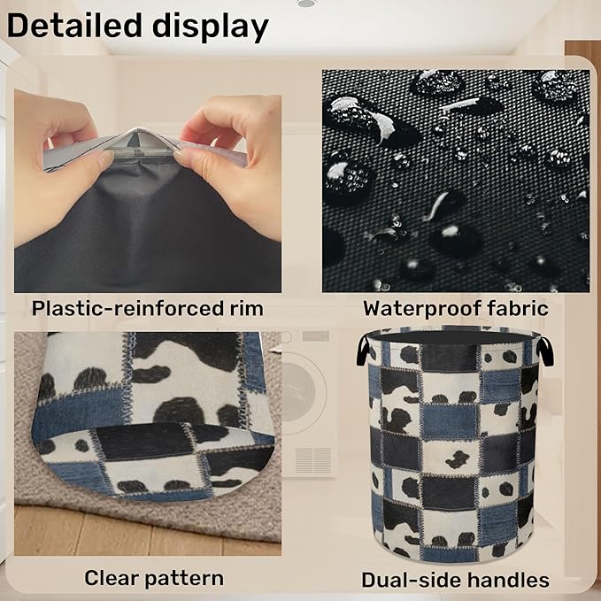 Denim Patchwork Cow Print Large Clothes Hamper Bag - Laundry Basket with Handles, Space Saving Foldable Design for Nursery