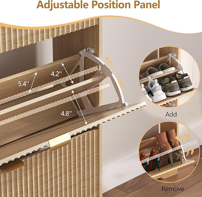 Shoe Cabinet Storage for Entryway with 2 Flip Drawers, Fluted Shoe Cabinet with Open Storage, Wooden Hidden Shoe Rack Freestanding Narrow Slim Shoe Organizer for Hallway, Entrance