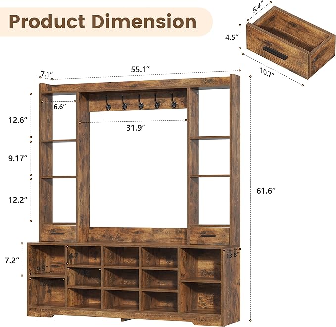 61.6" H White Hall Tree with Bench and Shoe Storage, 6-in-1 Multi-Functional Entryway Bench with 2 Drawers, 5 Coat Racks, Shoe Rack with 13 Shoe Cubbies, Entryway Storage Organizer, Brown