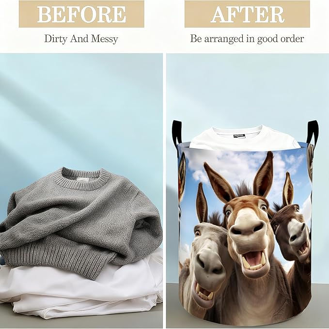 Funny Donkey Laundry Basket Hamper for Boys Girls Kids Adults, Foldable Waterproof Oxford Clothes Storage Bin, Farm Animal Organizer for Bedroom Bathroom Room Decor 19.7"x15.8"
