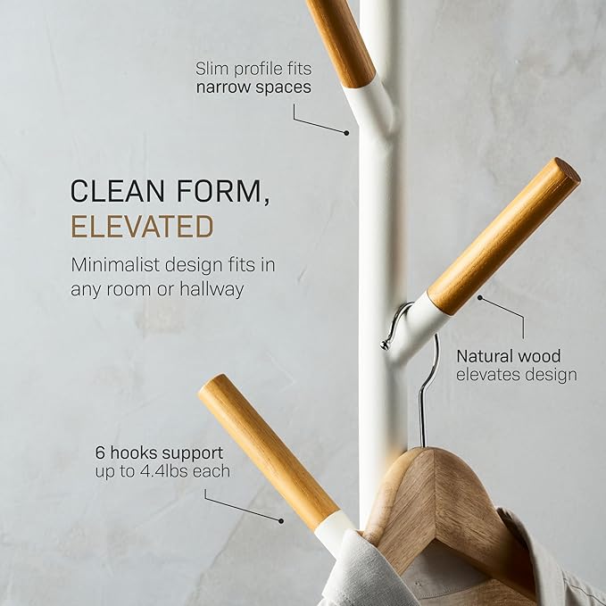 YAMAZAKI Home Freestanding Coat Rack Stand – Modern Coat Tree With Wooden Hooks, Standing Coat Hanger For Entryway, Sturdy Weighted Base, Steel, White, Easy Assembly, 70" - Steel