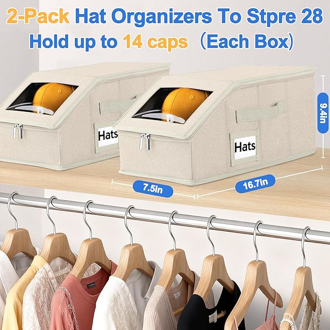 Dofilachy 2 Pack Stackable Hat Storage for Baseball Caps, Holds 28 Caps - Closet Organizer Box with Clear Window & Cardboard，Sturdy Snapback Hat Boxes for Home Storage (Beige, 2 Pcs)
