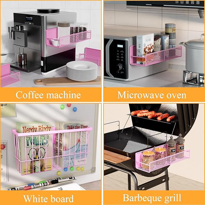 6 Pack Magnetic Shelves for Washing Machine, Magnetic Spice Rack Organizer for Refrigerator, Magnetic Shelf with Hanger Organizer, Metal Magnetic Basket, Laundry Organization and Storage, Pink