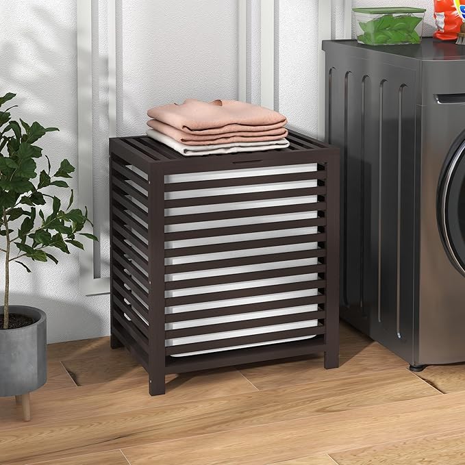 HOMCOM Bamboo Laundry Hamper with Lid, Laundry Basket with Removable Liner Bag, Dirty Clothes Hamper, 19.75 x 14.25 x 23.5 Inches, Coffee