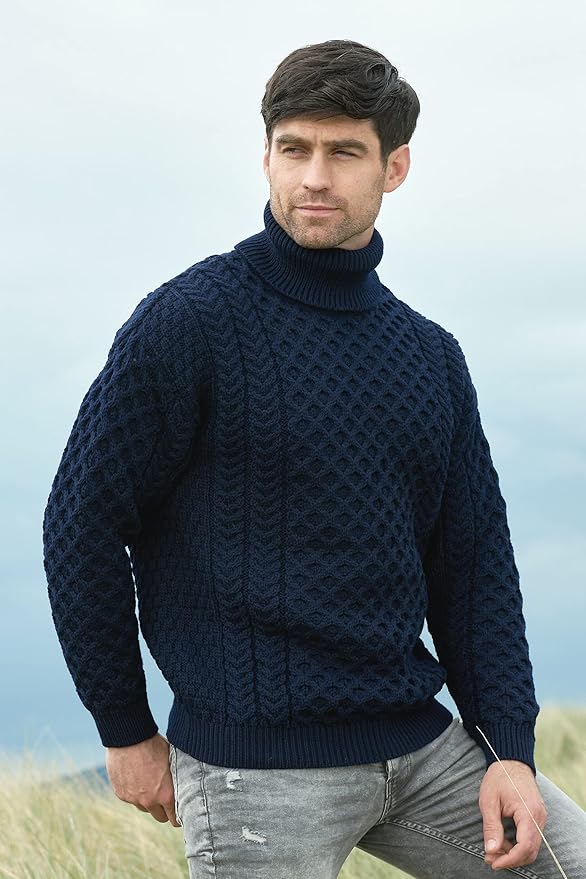 Aran Crafts Unisex Irish Cable Knitted Soft Roll Neck Sweater (100% Merino Wool)