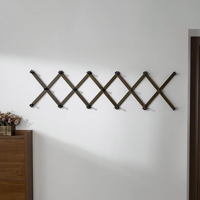 Dseap Accordion Wall Hanger: 16'' High Wooden Wall Expandable Coat Rack,Hat Rack Holder,Accordion Hook for Baseball Caps,Coats,17 Peg Hooks,Dark Walnut