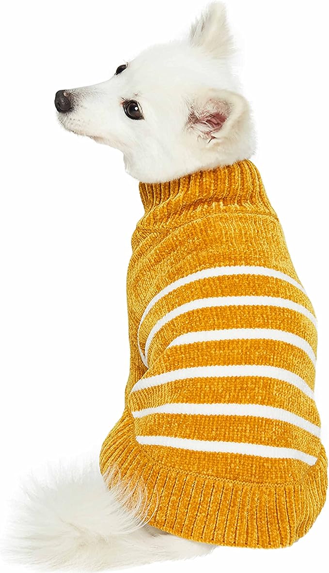 Blueberry Pet Cozy Soft Chenille Classy Striped Dog Sweater in Mustard, Back Length 14", Cat Sweater, Small Dog Sweater