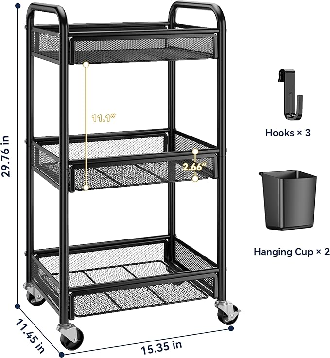 YASONIC 3 Tier Rolling Cart – Metal Utility Storage Carts with Wheels, Craft Cart Organizer with Hanging Cups, Hooks, Mesh Basket for Bedside Kitchen Office Art, Black