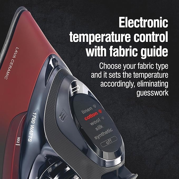 CHI Steam Iron for Clothes with 8' Retractable Cord, 1700 Watts, 3-Way Auto Shutoff, 400+ Holes, Professional Grade, Temperature Control Dial, Lava Infused Ceramic Soleplate, Black and Red (13113)