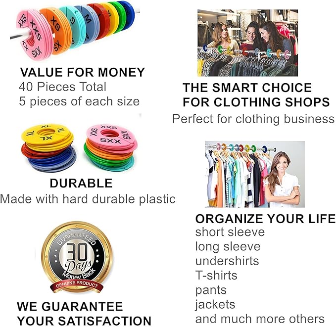 Clothes Size Dividers | 40 Pieces 8 Colors XXS-XXXL | Ultimate Clothing Rack Dividers | Round Clothes Rack Clothes Hangers, Commercial Clothing Racks, Clothing Shops by GIDABRAND