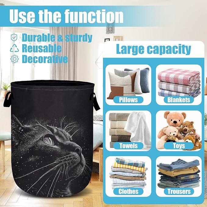 Black Cat Stars Night Laundry Basket, Laundry Hamper Collapsible Oxford Cloth with Handle Clothes Toy Storage Bin for Bathroom Laundry Room Bedroom 15.7 X 20 Inch
