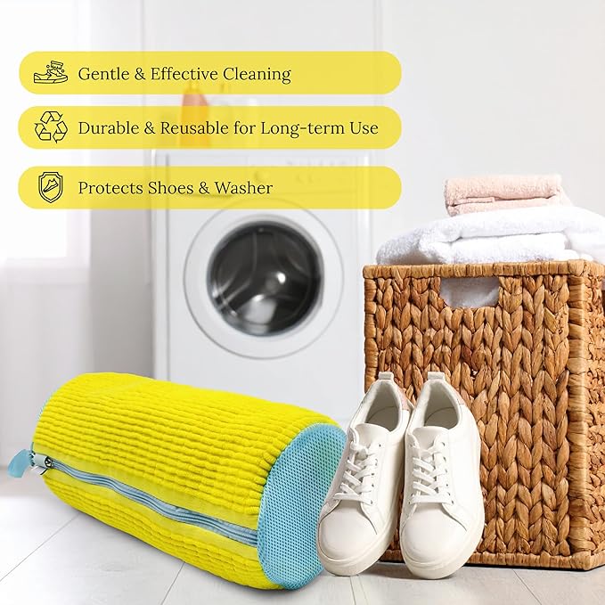 Shoe Wash Bags Set (2 Large) with 4 Shoe Trees – Hook-Lock Zipper, 360° Water-Flow Mesh, Reusable, Washer & Dryer Safe