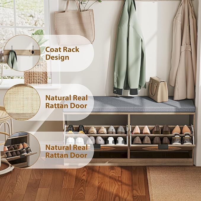 Rattan Storage Bench with Cushion & Coat Rack, Shoe Rack with 2 Flip Drawers, Narrow Shoe Storage Cabinet, Shoe Bench for Entryway, Living Room, Rustic Oak, Round