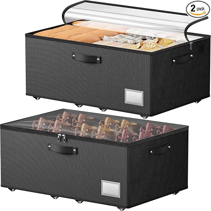 Dayacoco Underbed Storage with Wheels, 2 Pack Under Bed Storage Containers with Clear Lids, No Assembly Required 10.1 inch Rolling Under Bed Storage for Clothes, Blankets