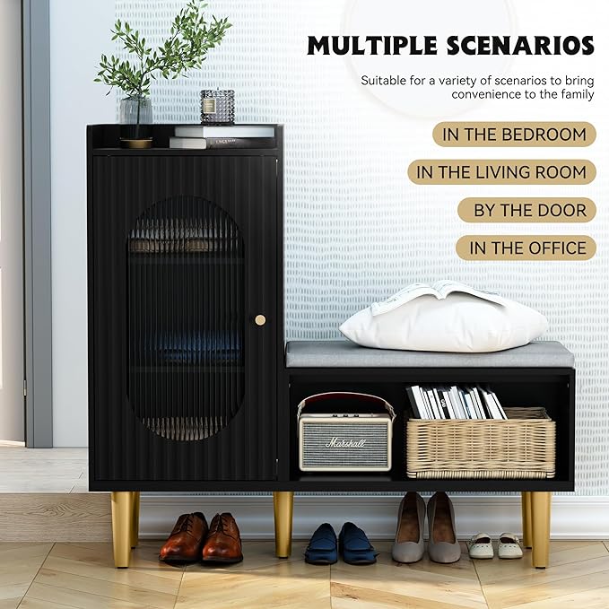 HLR Storage Bench with Glass Door&Shelf, Modern Entryway Shoe Cabinet Bench with Padded Seat, L-Shaped Storage Cabinet for Hallway, Bedroom, Living Room, Office, Black