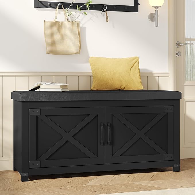 Shoe Storage Bench, 2 Tier Shoe Bench with Padded Seat Cushion & 2 Barn Doors, Entryway Bench with Adjustable Shelf, Farmhouse Shoe Cabinet for Living Room, Bedroom, Black SB26606BK