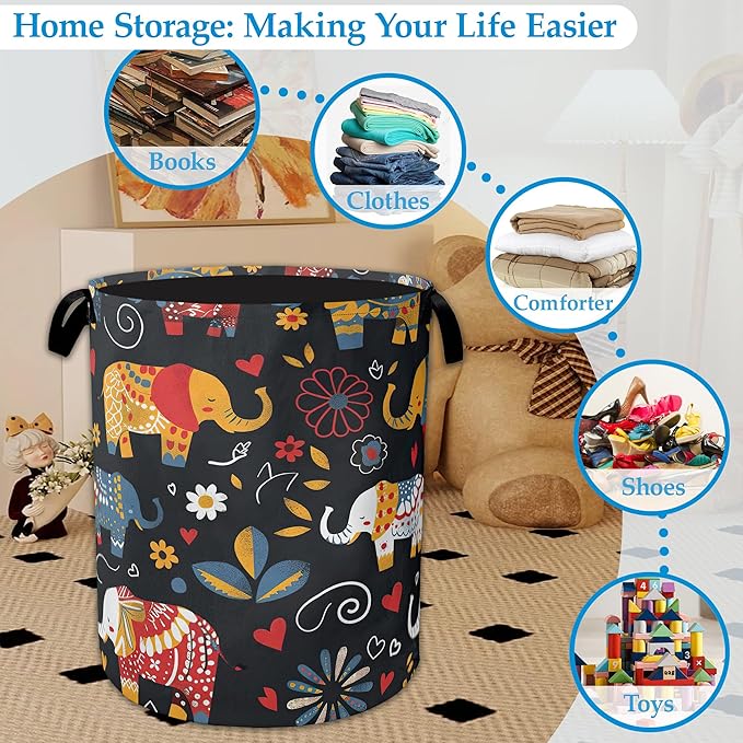 Boho Elephant Laundry Basket Collapsible Laundry Hamper Clothes Toy Storage Bin for Bathroom Bedroom Room Decor 16" X 20.8"