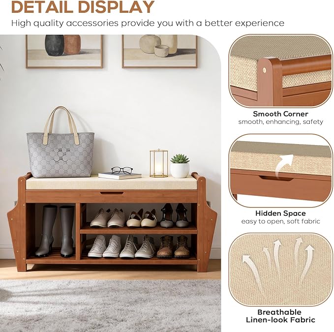 47.2in Shoe Bench Entryway - Bamboo Shoe Rack Bench with Storage, Shoe Rack Organizer with Cushion, 2 Side Holder, Holds Up tp 330lbs for Front Door Entrance, Living Room