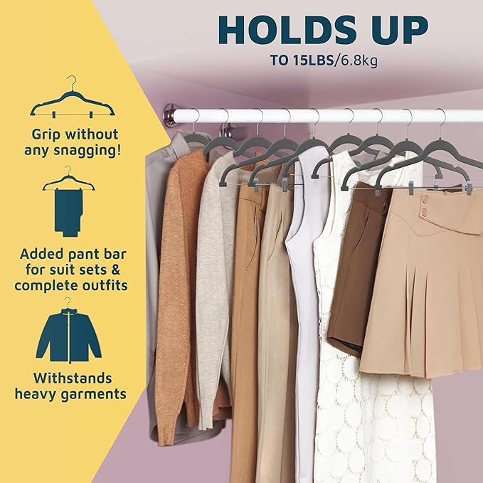 Lifemaster Velvet Skirt Hangers – with Adjustable Clips, 360 Degree Swivel Hook, and Non-Slip Shoulder Notch, Holds Up to 10 lbs, for Organizing Skirt, Pants, Dress, and Clothes, Pack of 50, Gray