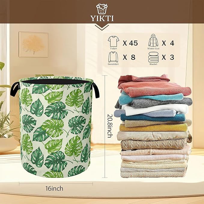 Collapsible Laundry Basket,Tropical Palm Leaves Dirty Clothes Hamper,Green Leaf Hampers for Bedroom Waterproof Oxford Cloth Storage Organizer for Bathroom,Nursery,Dorm,16x20 Inch