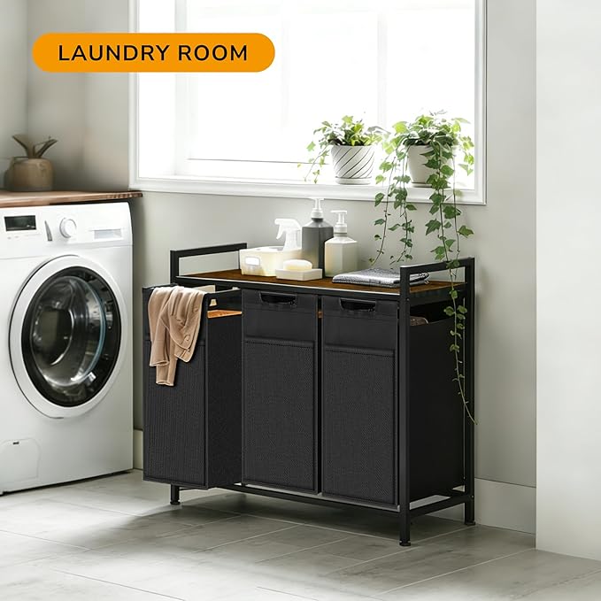 Laundry Sorter, Laundry Basket with 3 Pull-Out Removable Oxford Fabric Bags, 3 x 10.6 Gallons, Total 120L, Cloth Laundry Hamper with a Top Shelf 36.4"x13" (Black and Rust)